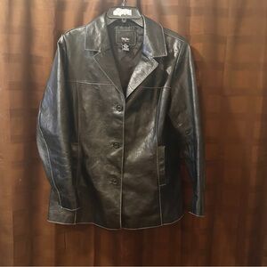 Mossimo Black Leather Coat with White Stitching Y2K